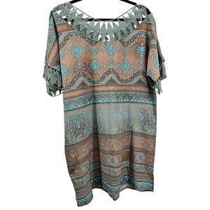 Lascana Cover Up Teal and Tan with Crochet Neckline  Lg